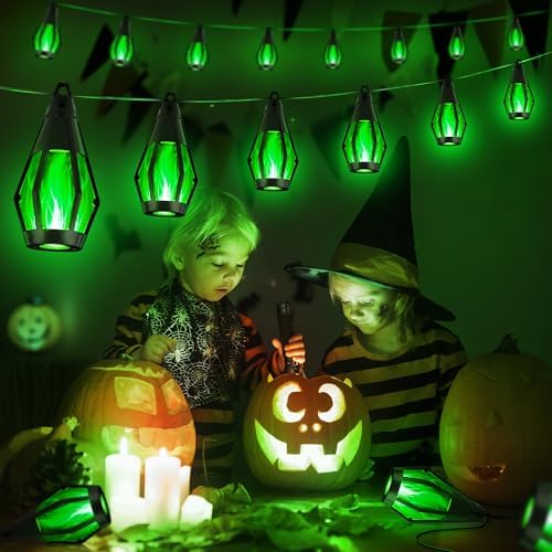 iBaycon 42FT 15 LED Solar Flame Halloween String Lights Outdoor, Green - Image 7