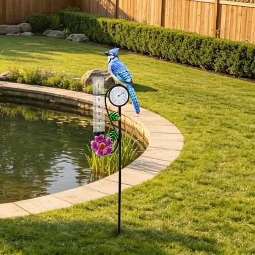 Rain Gauge 39in Metal Bluebird Garden Stake with Thermometer Decor - Image 2