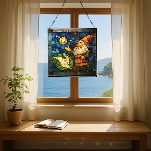 Gnome with Night Sky map Stained Glass Suncatcher – Square Hanging Window Panel for Home, Garden, Nursery, Halloween, Christmas, Memorial Day – Whimsical Glass Art Gift for Gnome Lovers uieqyf - Image 6