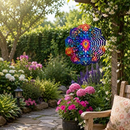 Shwing 12 Inch Wind Spinner Hanging Wind Sculptures Colorful Floral Metal Decor Double Sided Outdoor Kinetic Garden Art 3D Wind Spinner Hanging Ornament for Patio Porch Balcony Backyard Tree Decor - Image 4