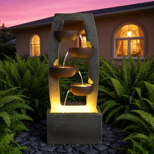 37.6" Outdoor Rock Water Fountain, Small Outdoor Fountain with Lights, 4-Tier Cascading Bowl Design Garden Water Feature, Modern freestanding Fountain for Patio Backyard Porch by FammyLoft