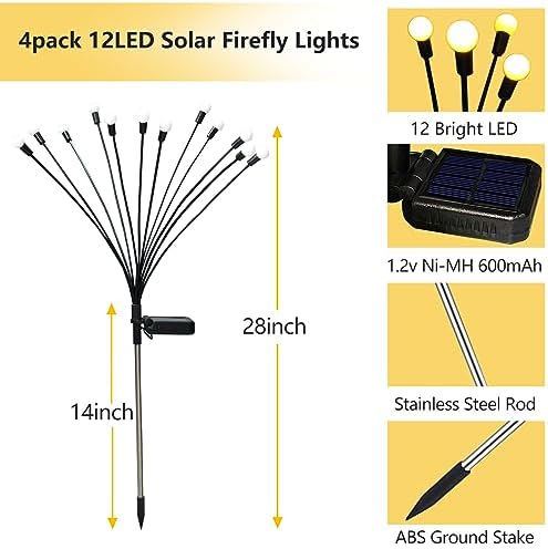 Solar Garden Lights Outdoor, 4 Pack 40 LED Solar Firefly Lights Waterproof, Sway by Wind, Swaying Light for Yard Patio Backyard Garden Planter Flower Bed Pathway Outdoor Decoration (Warm White) - Image 2