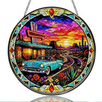 9.84 Inch Stained Glass Window Hanging Vintage Desert Sunset Car and Cactus Road Trip Sun Catchers Retro Scenic Landscape Suncatchers for Home Porch Garden Indoor & Outdoor Decor by Unknown