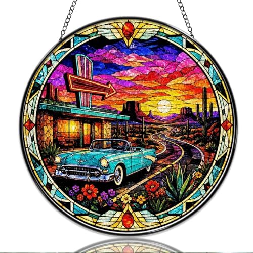 9.84 Inch Stained Glass Window Hanging Vintage Desert Sunset Car and Cactus Road Trip Sun Catchers Retro Scenic Landscape Suncatchers for Home Porch Garden Indoor & Outdoor Decor by Unknown