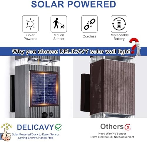 2 Pack Solar Outdoor Wall Lights with 3-Mode Motion Sensor Outside Sconces Up Down Solar Porch Light Fixtures 3000K 500LM Dusk to Dawn Modern Exterior Wall Lamp for House Garage Front Door - Image 6