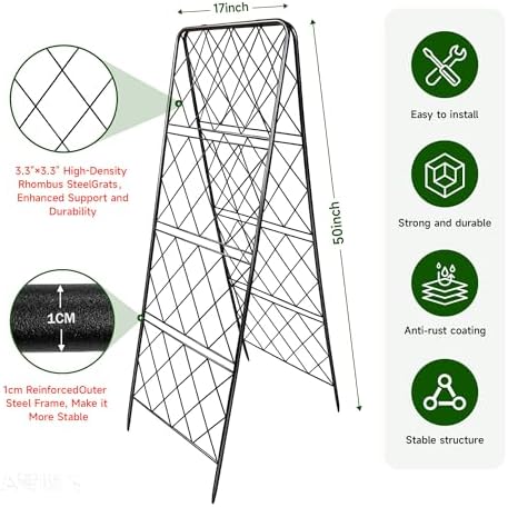 50"x17" Heavy Duty Metal Garden Trellis - Rust-Proof A-Frame Cucumber Trellis with High-Density Rhombus SteelGrats for Climbing Plants, Tomatoes & Raised Beds, Outdoor Use (2 Pack) - Image 2
