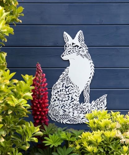 Large 51cm Fox Metal Wall Plaque |White Hanging Indoor Outdoor Floral Tree Decor - Image 2