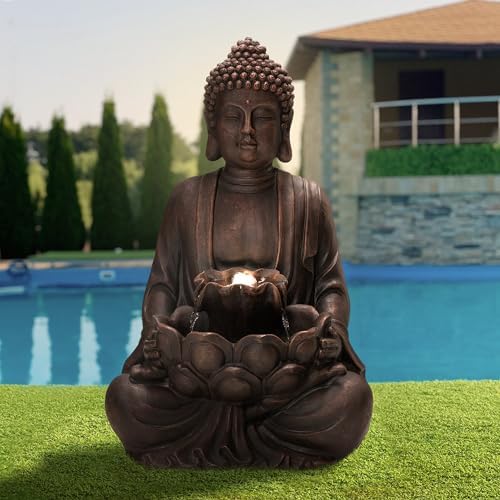 Glitzhome 24" H Zen Style Meditating Buddha Water Fountain Statue with Pump and LED Light, 2 Tier Waterfalls Resin Indoor Outdoor Floor Fountain for Garden Patio Backyard Decking - Image 5