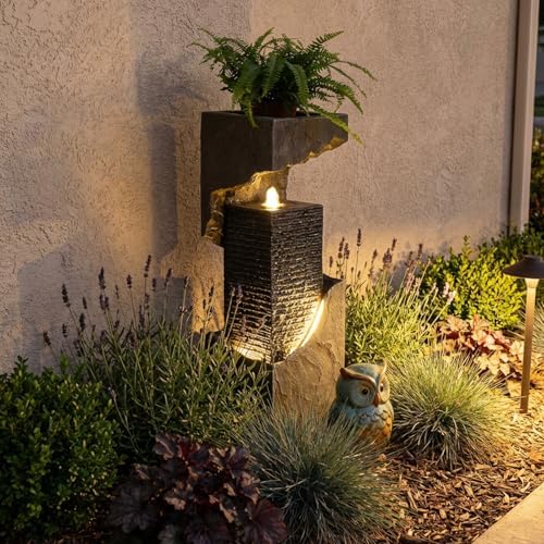 Modern Rectangular Water Fountain Outdoor with LED Lights & Planter Top, 35.4" Tall Resin Cascading Waterfall Feature for Patio Backyard Garden Décor, Outdoor Water Feature - Image 6