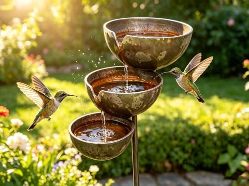 Three-Tiered rainwater Harvester Garden Pole, Vintage Rusted Metal Bird Bath, Bird and bee Drinking Cup, Decorative Outdoor rainwater Harvester Suitable for Patio, Lawn, and Garden Landscaping (1) - Image 2