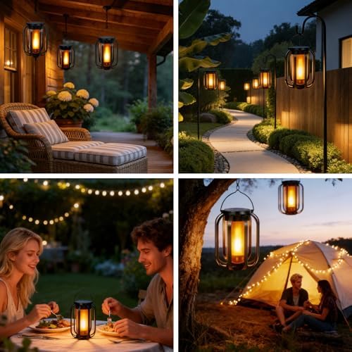 2 Pack Solar Lantern Lights Outdoor Waterproof Flickering Flame Light, Solar Lights with Dual Charging (USB/Solar) & 4 Modes Hanging Camping Light for Yard Patio Path Tree Porch Garden Decoration - Image 6