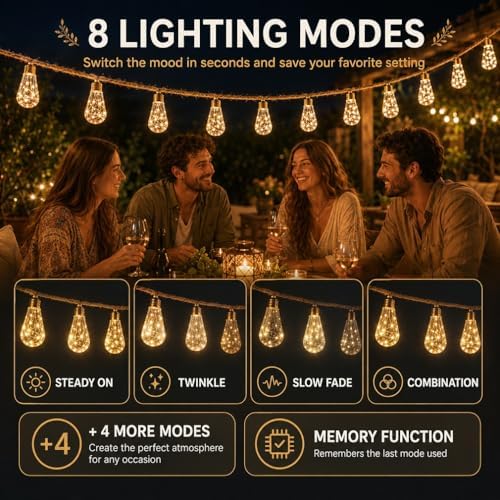 Boho Fairy String Lights Outdoor Backyard Solar String Lights LED for Garden Patio Porch Decor USB Waterproof Shatterproof Bulbs 8 Modes Edison Night Lamp Party Gift(33ft 40Lights,Warm Normal) - Image 5