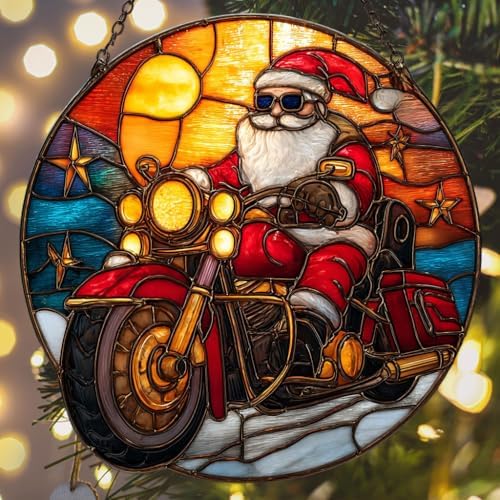 Cool Retro Santa Riding Motorcycle Mosaic Acrylic Suncatcher - Image 6