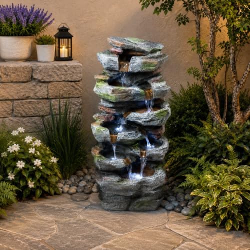 Rock Waterfall Outdoor Fountain with LED Lights, Resin Garden Decor Feature - Image 3