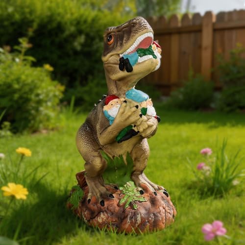 PARTYGEARS Dinosaur Statue with Gnomes, 16“ Large Outdoor Garden Statues Yard Decor, Funny Dinosaur Holding Gnomes Figurines for Patio Lawn, Weatherproof Gnome Decorations for Home, Unique by PARTYGEARS