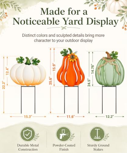 Fall Outdoor Decor Metal Pumpkin Yard Stakes - Large Outdoor Pumpkin Decor with Sunflower, Leaves & Bow, Tall Fall Yard Decor for Porch Garden Lawn Autumn Thanksgiving Decorations Set of 3 - Image 3