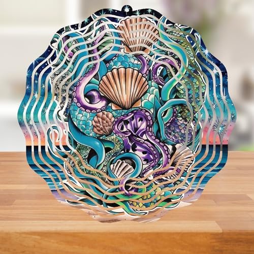 10 Inch Metal Sea Witch Wind Spinner - Dark Siren & Sea Shells - Ocean Beach Kinetic Art - 3D Rotating Outdoor Hanging Decor - Weather Resistant - Image 4