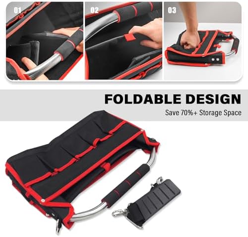 HAUTMEC 16" Foldable Tool Tote Bag, Open Top Tool Bag with Stiff Frame, 16-Pockets Electrician Tool Bag with Padded Steel Handle, Shoulder Strap & Water-Resistant Hard Base – TB0002 - Image 3