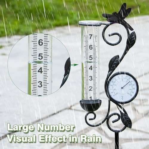 36in Dragonfly Rain Gauge Thermometer Black Metal Garden Stake Decor - Image 3
