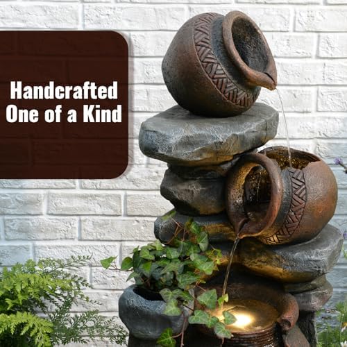Rustic Jar Outdoor Water Fountain with Planter 38.5" Large Tiered Waterfall with Warm LED Lights, Handcrafted Resin Fountain for Zen Garden, Deck & Indoor Home Decor - Image 4