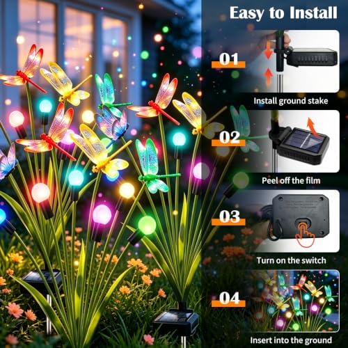 VOOKRY Dragonfly Solar Garden Lights Outdoor (6 Pack, 36 LEDs), Dragonfly Outdoor Decor with Solar Firefly Lights Waterproof Swaying Light for Yard Patio Pathway Gardening Gift for Women, Multicolor - Image 5