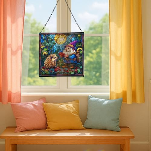 Gnome and Hedgehog Friends Stained Glass Suncatcher – Square Hanging Window Panel for Home or Greenhouse – Whimsical Glass Art Gift for Garden Lovers, Christmas, Halloween, Father Days Mqinb4 - Image 5