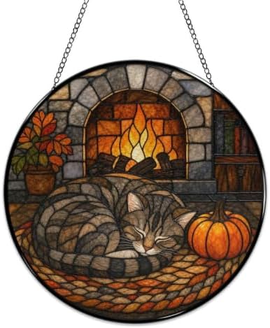 Fireplace Sleeping Cat Stained Glass Suncatcher 11.8" Colorful Window Hanging Ornament, Sun Catcher Decor for Bathroom Front Door Living Room Home Wall Garden - Image 4