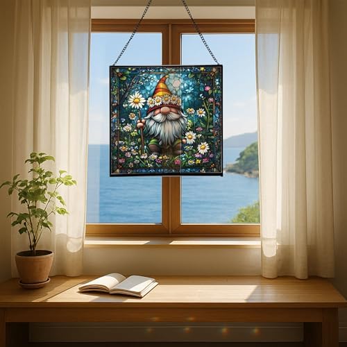 Daisy Crown Gnome Stained Glass Suncatcher – Square Hanging Window Panel for Home or Greenhouse – Whimsical Glass Art Gift for Garden Lovers, Christmas, Halloween, Father Days uoZbMI - Image 6