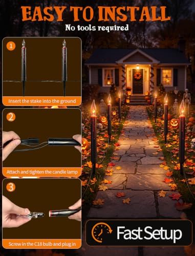 Abeja Halloween Pathway Lights, 19.5FT C18 Flicker Flame Candles, 10 Stakes - Image 5