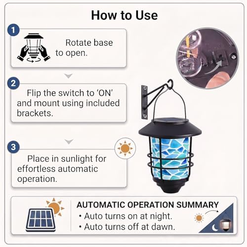 Solar Lanterns Outdoor Hanging Lights Mosaic Blue Stained Glass Glass Wall Lantern 2 Pack, Waterproof Decorative Solar Sconce with Wall Mount Kit for Garden Porch Fence Chicken Coop Summer Decor - Image 4