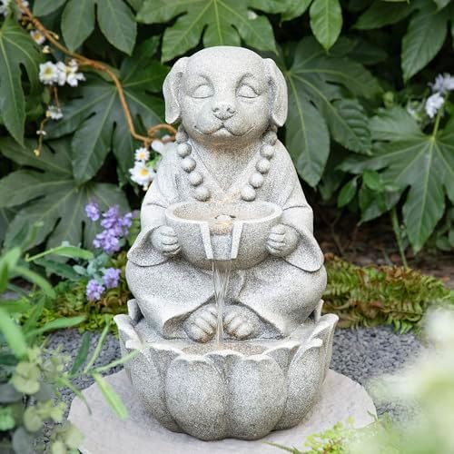 Glitzhome Water Fountain Outdoor, Outdoor Fountain with Lights&Pump, 22" H 2-Tiered Concrete Dog Statue Zen-Style Water Fountain Polyresin Water Feature for Home Patio Garden Backyard Decor by Glitzhome