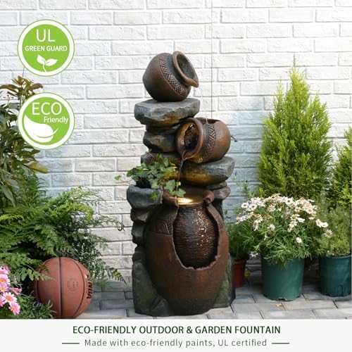 Garden Water Fountain Outdoor Decor - 38.4" 3 Tier Standing Cascading Waterfall Outdoor Water Fountain with LED Lights & Pumps,Natural Design for Garden,Patio, Porch, Backyard, Home Art Decor - Image 5