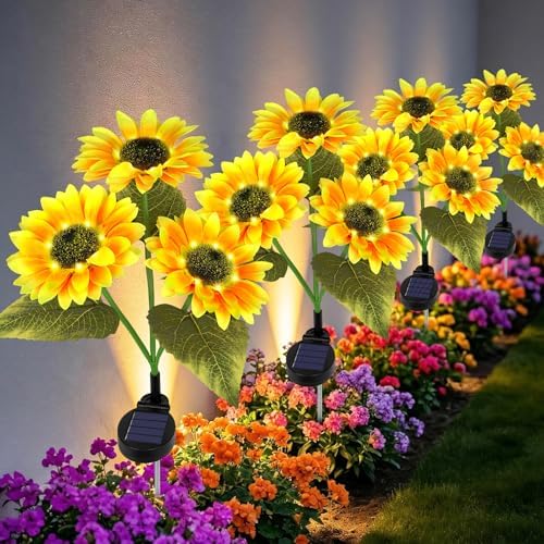 Solar Garden Lights 4 Pack, LED Sunflower Waterproof Auto On/Off by Unknown