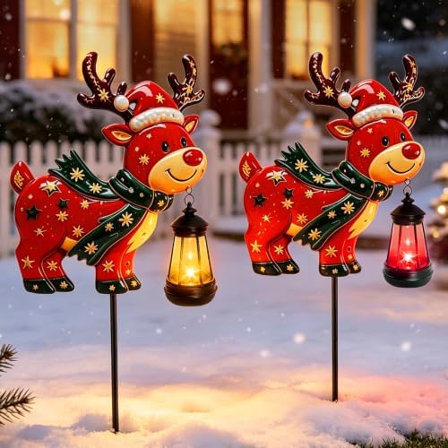 2 Solar Christmas Deer Stake with Lantern, Metal Solar Lights Garden Decor by VOOKRY