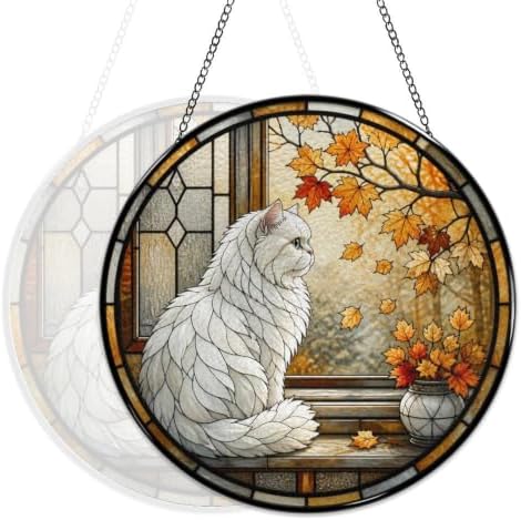 Fall Window White Cat Stained Glass Suncatcher 9.8" Colorful Window Hanging Ornament, Retro Sun Catcher Decor with Chain for Home Wall Garden Birthday Christmas Mothers Day - Image 5