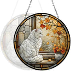 Fall Window White Cat Stained Glass Suncatcher 9.8" Colorful Window Hanging Ornament, Retro Sun Catcher Decor with Chain for Home Wall Garden Birthday Christmas Mothers Day - Image 5
