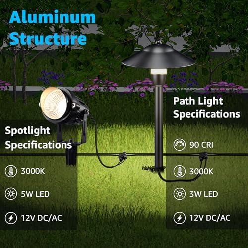 SUNVIE LED Low Voltage Landscape Lighting 12V Landscape Lighting Kit with Connectors, Low Voltage Pathway Lights with Spotlights Aluminum Pathway Lights Wired Waterproof for Patio Yard Garden, 12 Pack - Image 2