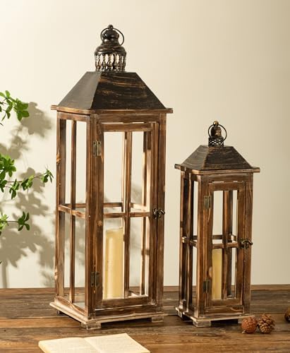 Large Farmhouse Wooden Decorative Lantern Set of 2, Rustic Distressed Brown Burnt Wood Floor Candle Lanterns, Indoor/Outdoor Hanging Lanterns for Home Decor (No Glass) by TIMRIS