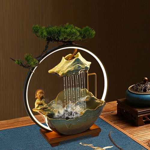 Buddha Water Fountain Indoor, Zen Monk Tabletop Water Fountain with Mist, LED Light and Backflow Incense Holder, for Home Decor, Office Decor, Yoga Meditation - Image 2