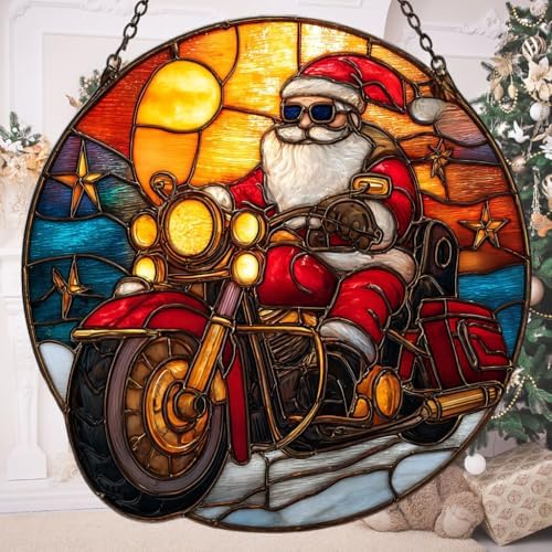 Cool Retro Santa Riding Motorcycle Mosaic Acrylic Suncatcher by AVAGAN