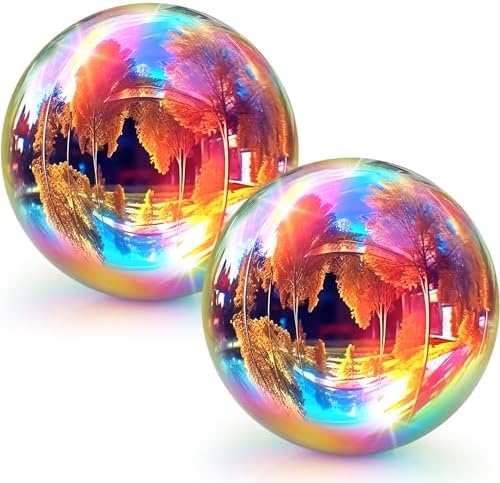 Suzile 2 Pieces Gazing Ball Hollow Gazing Mirror Ball Stainless Steel Garden Globe Gazing Globe Mirrored Surface Polished Ornament Sphere for Garden Outdoor Pool Yard Pond Lawn Home (Rainbow,10 Inch) by Suzile