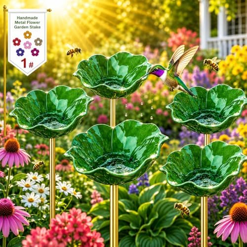 Metal Flower Garden Stakes, Mini Bird Bath and Bee Watering Station with Detachable Copper-Tone Stake, Shallow Alloy Flower Bowl for Garden Yard Patio Butterfly Puddler Decor Gift (Green, 3 Pcs) by Unknown