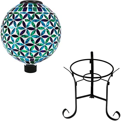 Sunnydaze Cool Blooms 10" Glass Mosaic Gazing Globe with Solar Light and 9" H Black Steel Traditional Style Gazing Ball Stand for 10" or 12" Outdoor Garden Gazing Globes Bundle by SunnydazeDecor