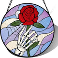 9.84 Inch Red Rose Skeleton Hand Stained Glass Suncatcher Gothic Window Hanging Art Romantic Floral Home Decor Unique Gift for Her Birthday Valentine's Day Wall Accent by Unknown