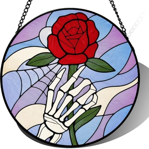 9.84 Inch Red Rose Skeleton Hand Stained Glass Suncatcher Gothic Window Hanging Art Romantic Floral Home Decor Unique Gift for Her Birthday Valentine's Day Wall Accent by Unknown