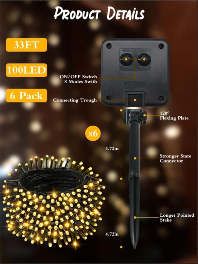 6 Pack Solar Christmas Lights Outdoor, 198FT 600 LED Solar String Lights - Image 5