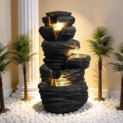 25.6" Waterfall Fountain with LED Lights, Rock Tiered Outdoor Resin Water Feature for Zen Garden, Patio & Porch Decor, Floor-Standing Fountain with Pump by Ningering