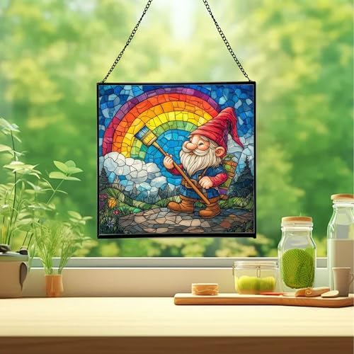 Gnome with Rainbow Paintbrush Stained Glass Suncatcher – Square Hanging Window Panel for Home or Greenhouse – Whimsical Glass Art Gift for Garden Lovers, Christmas, Halloween, Father Days 4QDKIj - Image 2