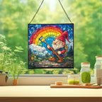 Gnome with Rainbow Paintbrush Stained Glass Suncatcher – Square Hanging Window Panel for Home or Greenhouse – Whimsical Glass Art Gift for Garden Lovers, Christmas, Halloween, Father Days 4QDKIj - Image 2