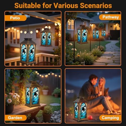 Solar Lantern Outdoor Waterproof Orca Whale Stained Glass Artwork Blue Ocean Design Garden Decor LED Hanging Solar Lights Tabletop Lamp Gifts for Women Mom Outside Yard Patio Porch - Image 6